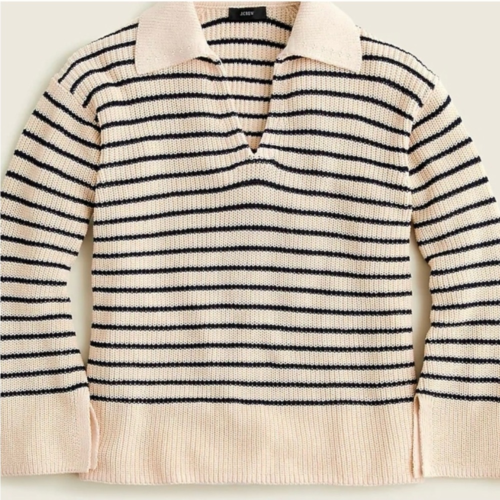 J Crew XXL Relaxed Chunky Knit Collared Sweater Nautical Navy Blue Stripe Preppy